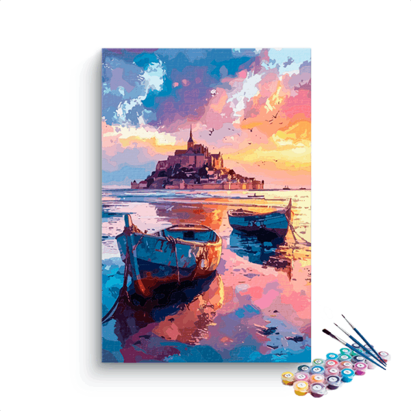Evening Serenity: Coastal Boats at Sunset Paint by Numbers Kit