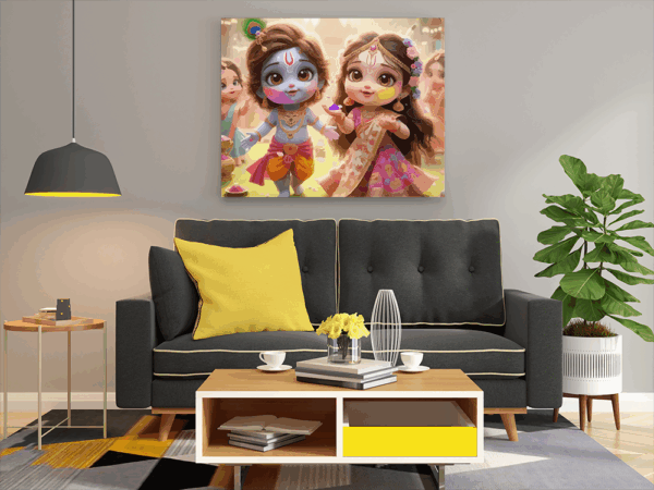 Playful Holi Celebration: Krishna and Radha in Their Childhood - Paint by Numbers Kit - Image 2