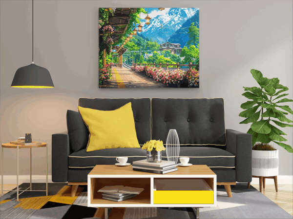 Mountain Floral Train Station Paint by Numbers Kit - Image 2